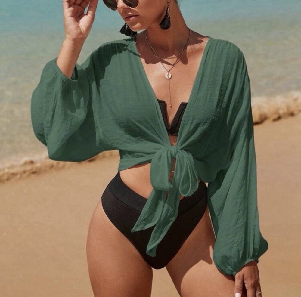 Swimsuit Cover Up Top Tunic Tie Wrap Long Sleeve Beach Sheer Boho Peasant Small